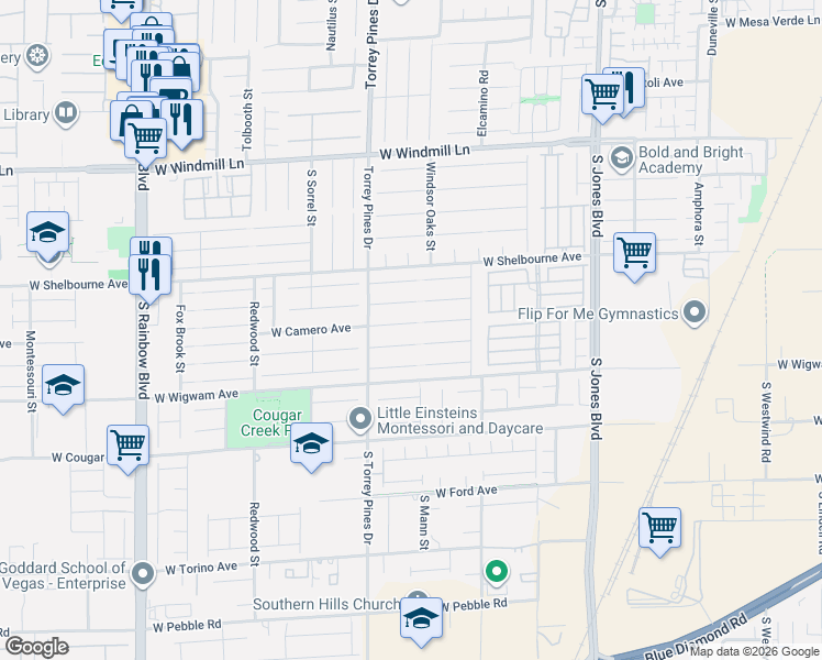 map of restaurants, bars, coffee shops, grocery stores, and more near 6423 West Camero Avenue in Las Vegas