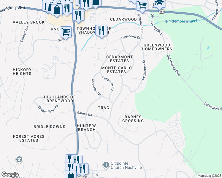 map of restaurants, bars, coffee shops, grocery stores, and more near 214 Cedarview Drive in Nashville