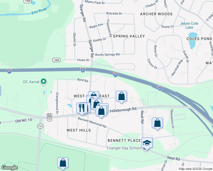 map of restaurants, bars, coffee shops, grocery stores, and more near 2209 Caroline Drive in Durham