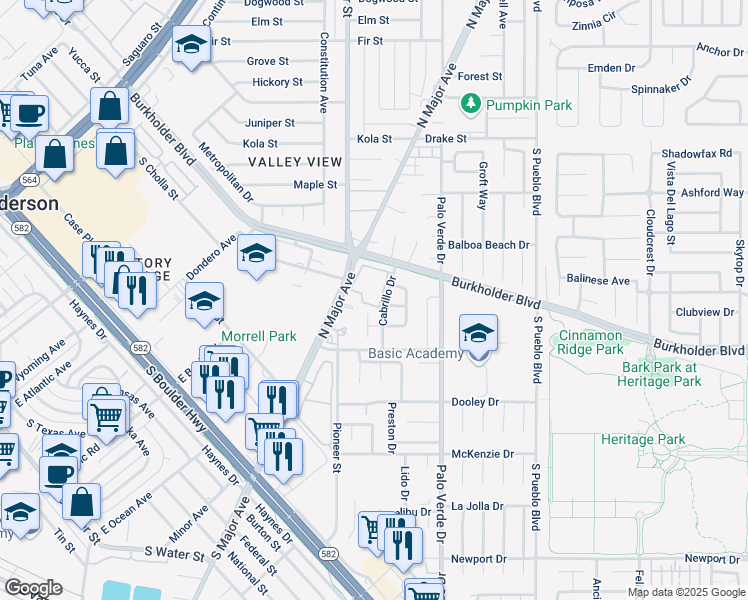 map of restaurants, bars, coffee shops, grocery stores, and more near 601 Cabrillo Circle in Henderson