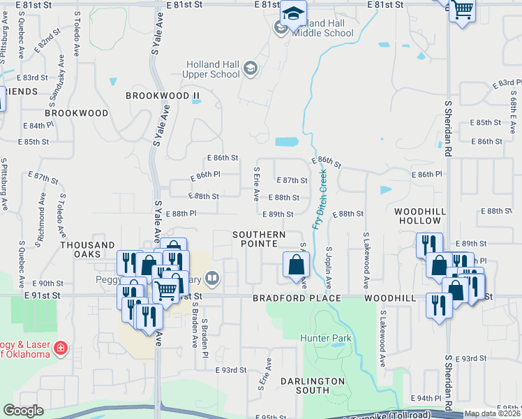 map of restaurants, bars, coffee shops, grocery stores, and more near 5405 East 89th Street in Tulsa