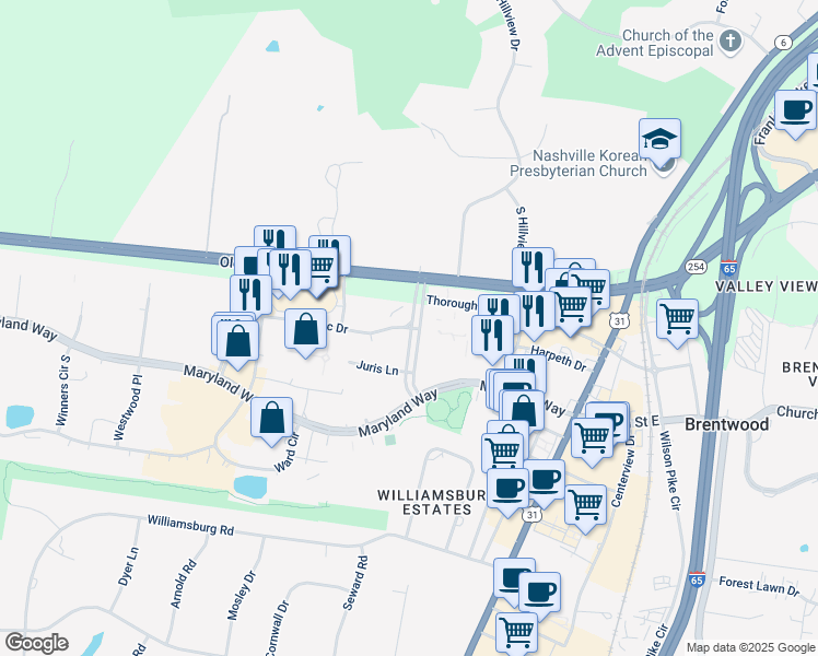 map of restaurants, bars, coffee shops, grocery stores, and more near 6 Cadillac Drive in Brentwood