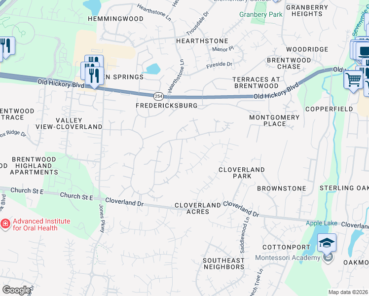 map of restaurants, bars, coffee shops, grocery stores, and more near 4856 Manassas Drive in Brentwood
