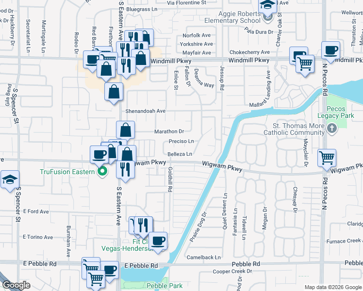 map of restaurants, bars, coffee shops, grocery stores, and more near 113 Menta Court in Henderson