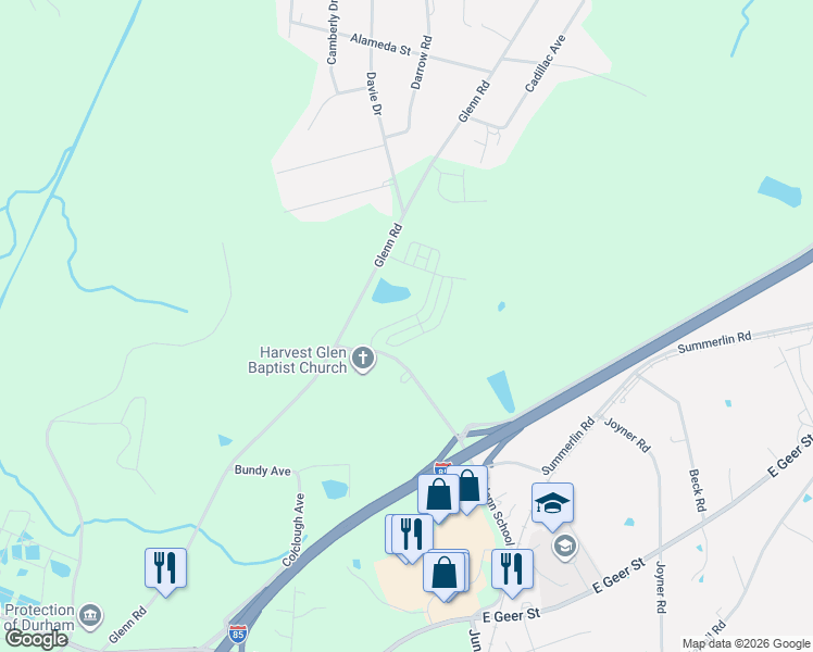 map of restaurants, bars, coffee shops, grocery stores, and more near 1804 Glenn School Road in Durham