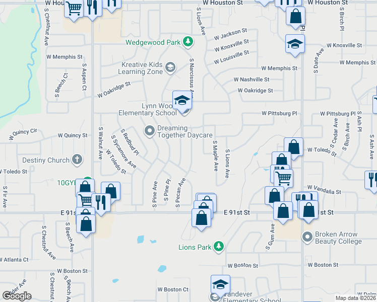 map of restaurants, bars, coffee shops, grocery stores, and more near 1666 South Pecan Avenue in Broken Arrow