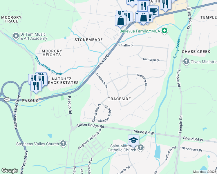 map of restaurants, bars, coffee shops, grocery stores, and more near 5533 Traceside Drive in Nashville