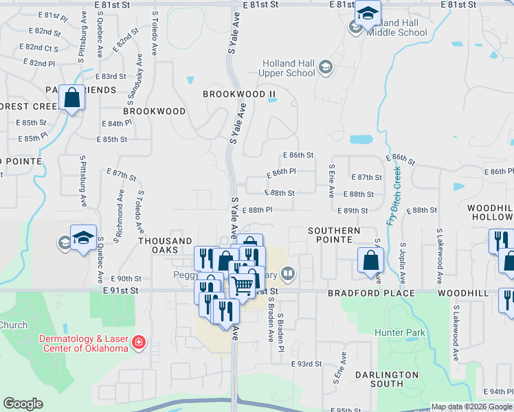 map of restaurants, bars, coffee shops, grocery stores, and more near 4917 East 88th Place in Tulsa