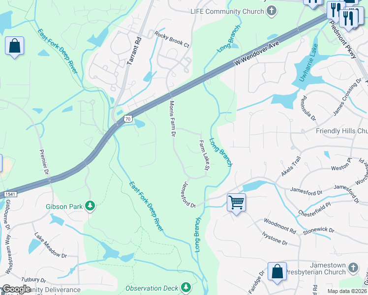 map of restaurants, bars, coffee shops, grocery stores, and more near 4405 Barndale Court in Jamestown