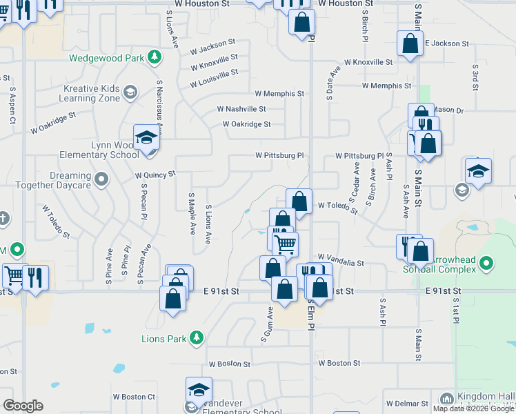 map of restaurants, bars, coffee shops, grocery stores, and more near 912 West Toledo Circle in Broken Arrow