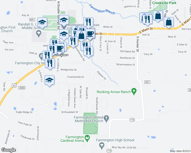 map of restaurants, bars, coffee shops, grocery stores, and more near 178 Southwinds Road in Farmington