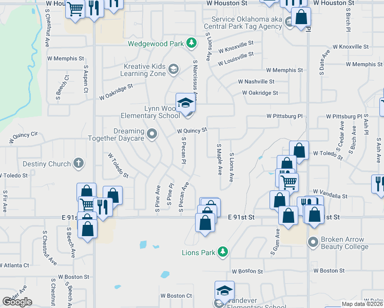 map of restaurants, bars, coffee shops, grocery stores, and more near 1671 South Pecan Avenue in Broken Arrow