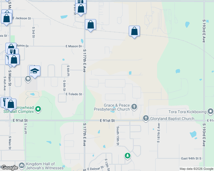 map of restaurants, bars, coffee shops, grocery stores, and more near 1712 South 12th Street in Broken Arrow