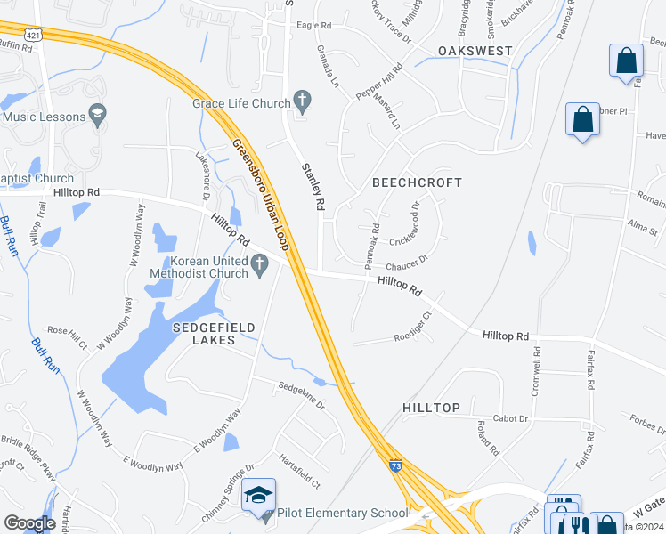 map of restaurants, bars, coffee shops, grocery stores, and more near 5 Wakerobin Court in Greensboro