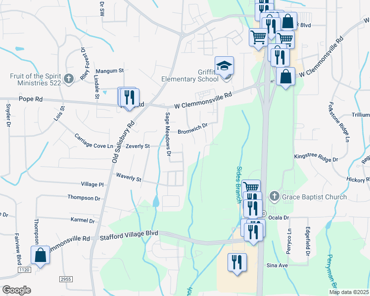 map of restaurants, bars, coffee shops, grocery stores, and more near 2232 Waverly Dell Drive Southeast in Winston-Salem