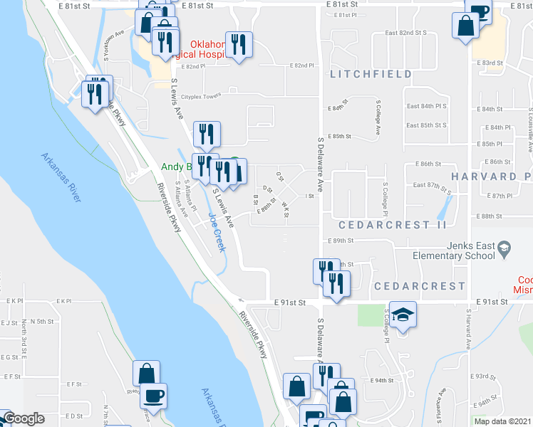 map of restaurants, bars, coffee shops, grocery stores, and more near 2512 East 88th Street in Tulsa