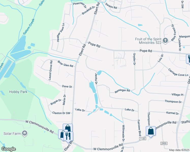 map of restaurants, bars, coffee shops, grocery stores, and more near 1612 Janita Drive in Winston-Salem