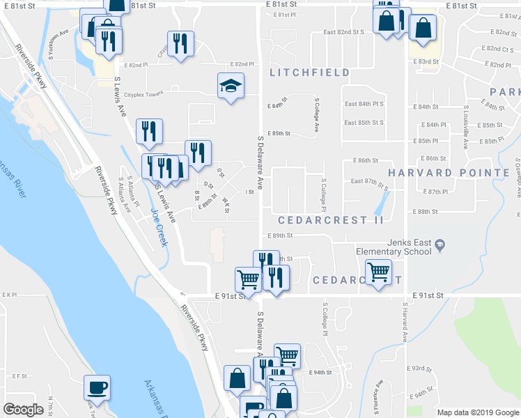 map of restaurants, bars, coffee shops, grocery stores, and more near 8826 South Delaware Avenue East in Tulsa