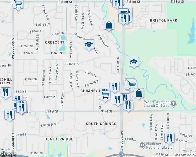 map of restaurants, bars, coffee shops, grocery stores, and more near 7628 East 88th Street in Tulsa