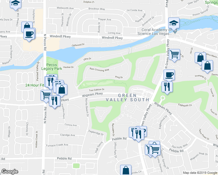map of restaurants, bars, coffee shops, grocery stores, and more near 2413 Tour Edition Drive in Henderson