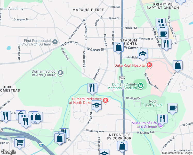 map of restaurants, bars, coffee shops, grocery stores, and more near 2700 Ashley Street in Durham
