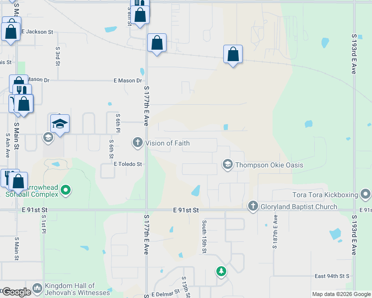 map of restaurants, bars, coffee shops, grocery stores, and more near 1712 South 12th Street in Broken Arrow