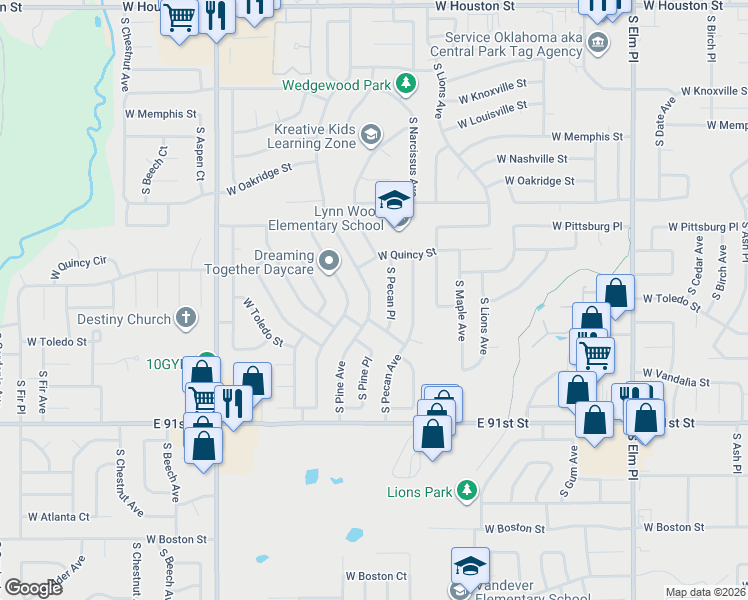 map of restaurants, bars, coffee shops, grocery stores, and more near 1664 South Pecan Place in Broken Arrow