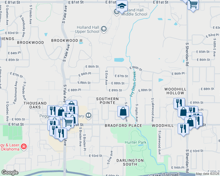 map of restaurants, bars, coffee shops, grocery stores, and more near 5405 East 89th Street in Tulsa