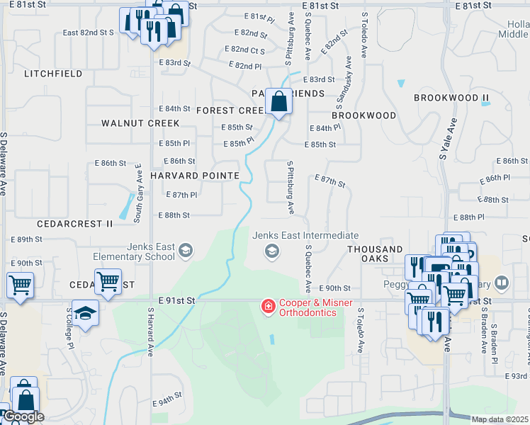 map of restaurants, bars, coffee shops, grocery stores, and more near 4015 East 88th Street in Tulsa