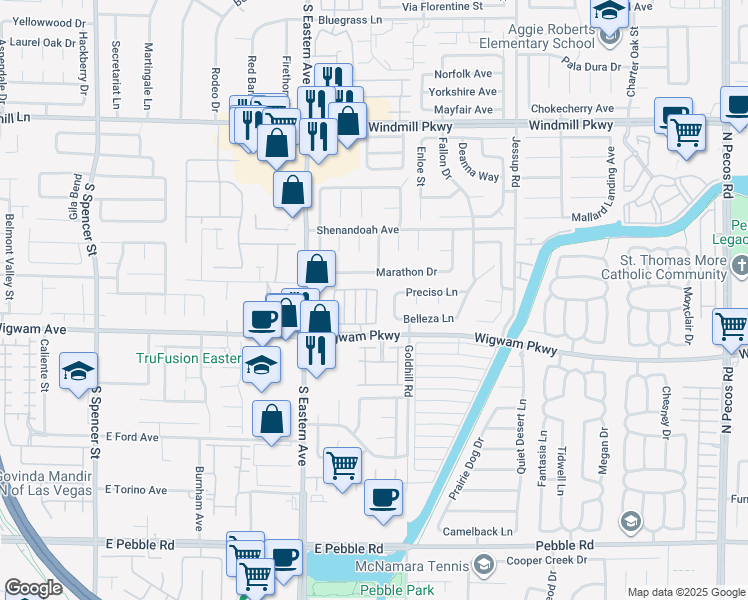 map of restaurants, bars, coffee shops, grocery stores, and more near 117 Boysenberry Lane in Henderson