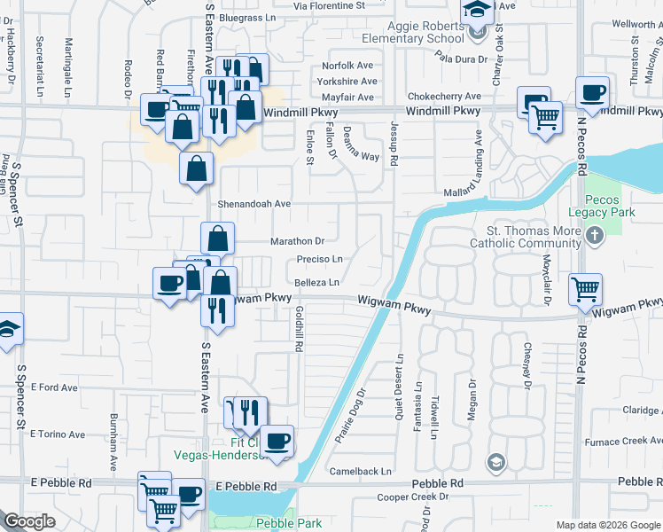 map of restaurants, bars, coffee shops, grocery stores, and more near 112 Menta Court in Henderson