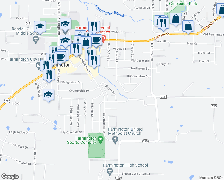 map of restaurants, bars, coffee shops, grocery stores, and more near 174 Killdeer Drive in Farmington