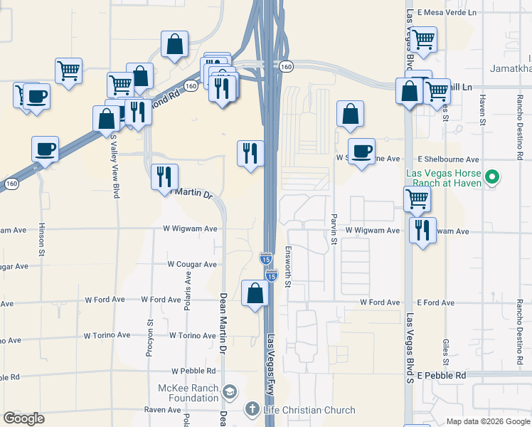 map of restaurants, bars, coffee shops, grocery stores, and more near Las Vegas Freeway in Las Vegas