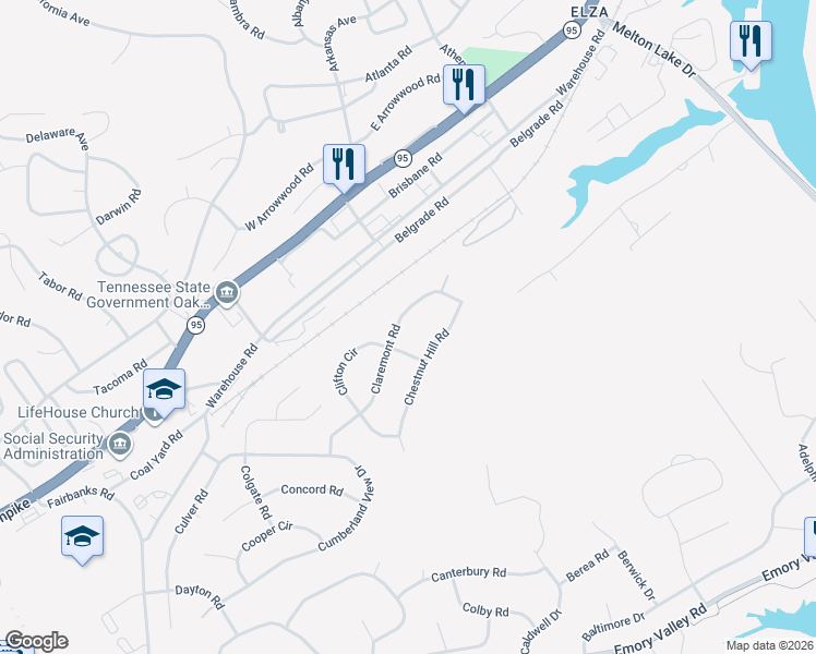 map of restaurants, bars, coffee shops, grocery stores, and more near 125 Claremont Road in Oak Ridge