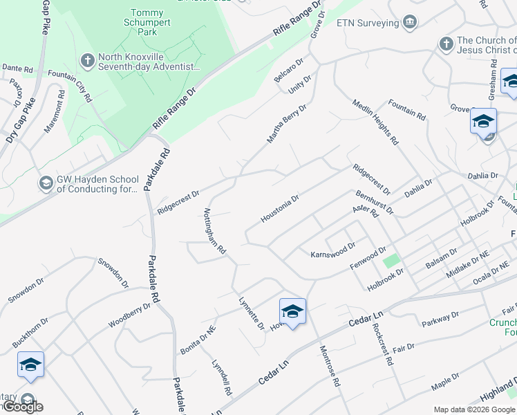 map of restaurants, bars, coffee shops, grocery stores, and more near 1913 Houstonia Drive in Knoxville