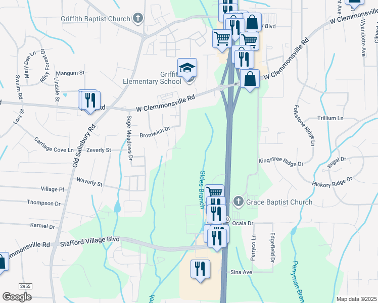 map of restaurants, bars, coffee shops, grocery stores, and more near 1409 Pleasant Fork Church Road in Winston-Salem