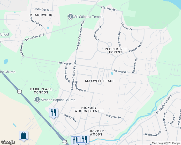 map of restaurants, bars, coffee shops, grocery stores, and more near 6849 Hickory Rim Court in Nashville