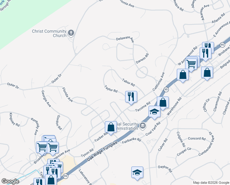 map of restaurants, bars, coffee shops, grocery stores, and more near 105 Taylor Road in Oak Ridge