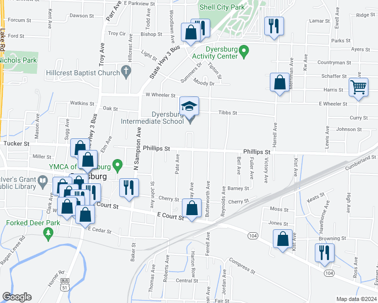 map of restaurants, bars, coffee shops, grocery stores, and more near 719 Phillips Street in Dyersburg