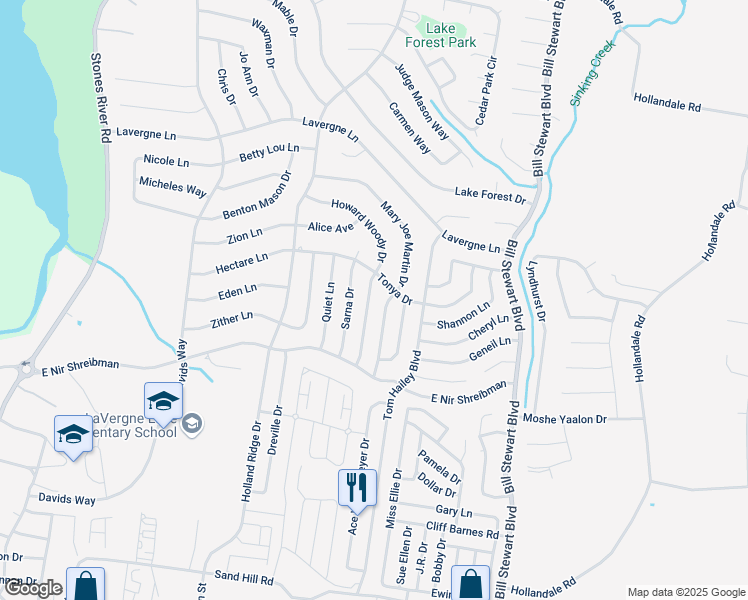 map of restaurants, bars, coffee shops, grocery stores, and more near 212 Mary Joe Martin Drive in La Vergne