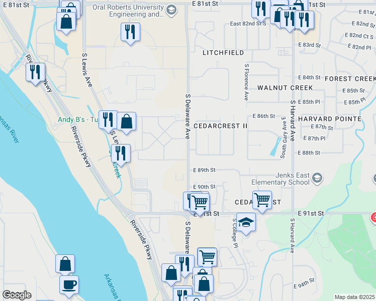map of restaurants, bars, coffee shops, grocery stores, and more near 8822 South Delaware Avenue in Tulsa