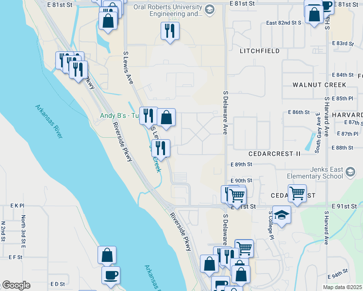 map of restaurants, bars, coffee shops, grocery stores, and more near 2504 East 88th Street in Tulsa