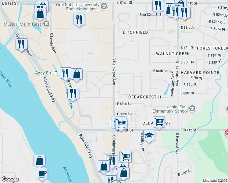 map of restaurants, bars, coffee shops, grocery stores, and more near 8820 South Delaware Avenue in Tulsa