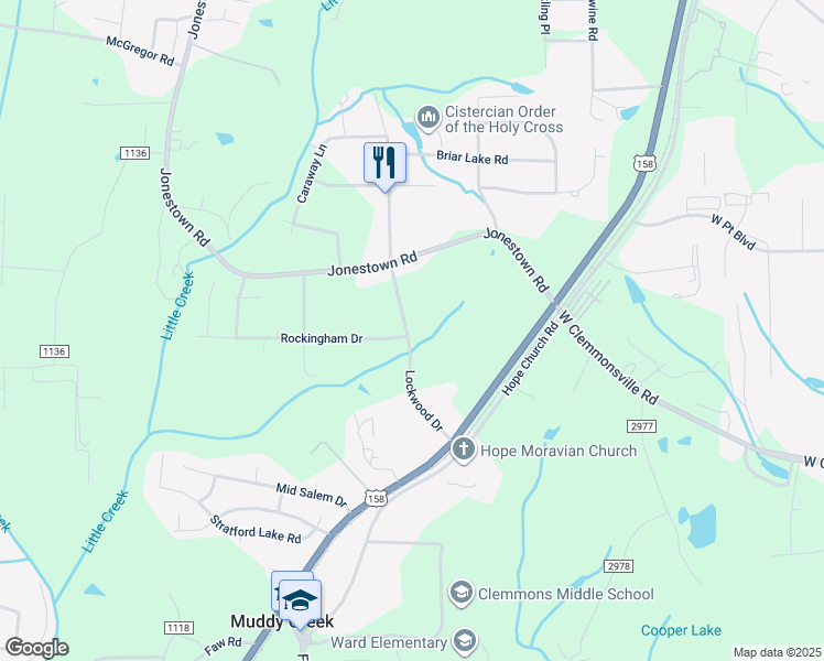 map of restaurants, bars, coffee shops, grocery stores, and more near 2697 Lockwood Drive in Winston-Salem