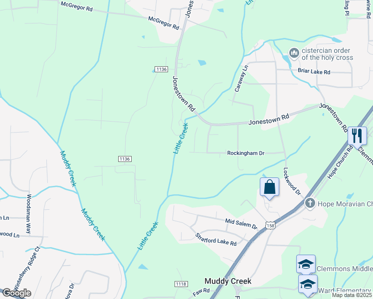 map of restaurants, bars, coffee shops, grocery stores, and more near 1575 Rockingham Drive in Winston-Salem