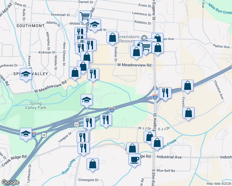 map of restaurants, bars, coffee shops, grocery stores, and more near 301 Dougherty Street in Greensboro