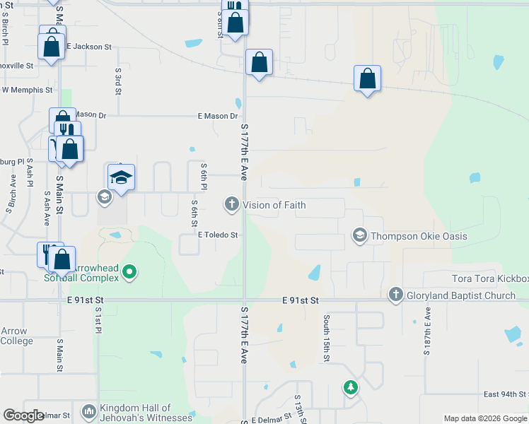 map of restaurants, bars, coffee shops, grocery stores, and more near 1109 East Richmond Street in Broken Arrow
