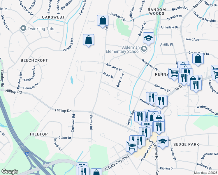 map of restaurants, bars, coffee shops, grocery stores, and more near 4309 Bernau Avenue in Greensboro
