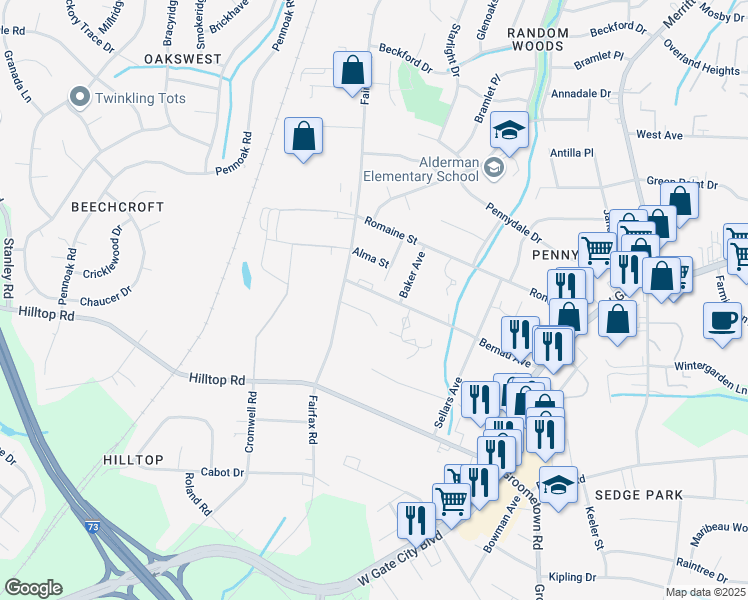 map of restaurants, bars, coffee shops, grocery stores, and more near 4309 Bernau Avenue in Greensboro