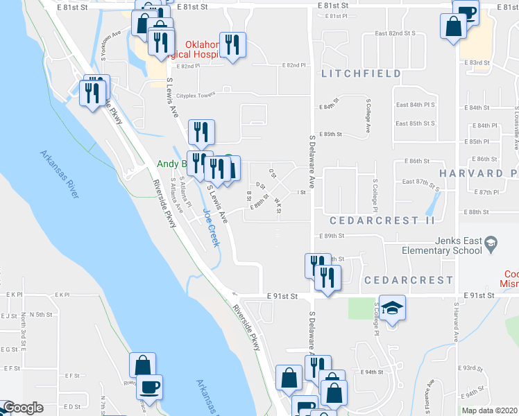 map of restaurants, bars, coffee shops, grocery stores, and more near 2512 East 88th Street in Tulsa